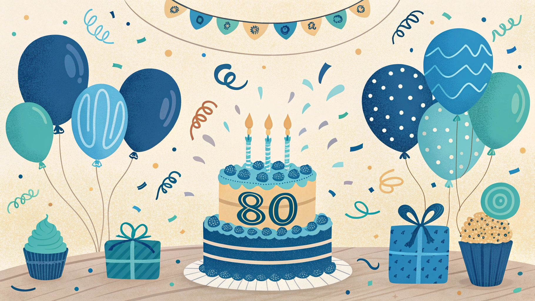 Festive 80th birthday party celebration with blue balloons, confetti, and a decorated birthday cake